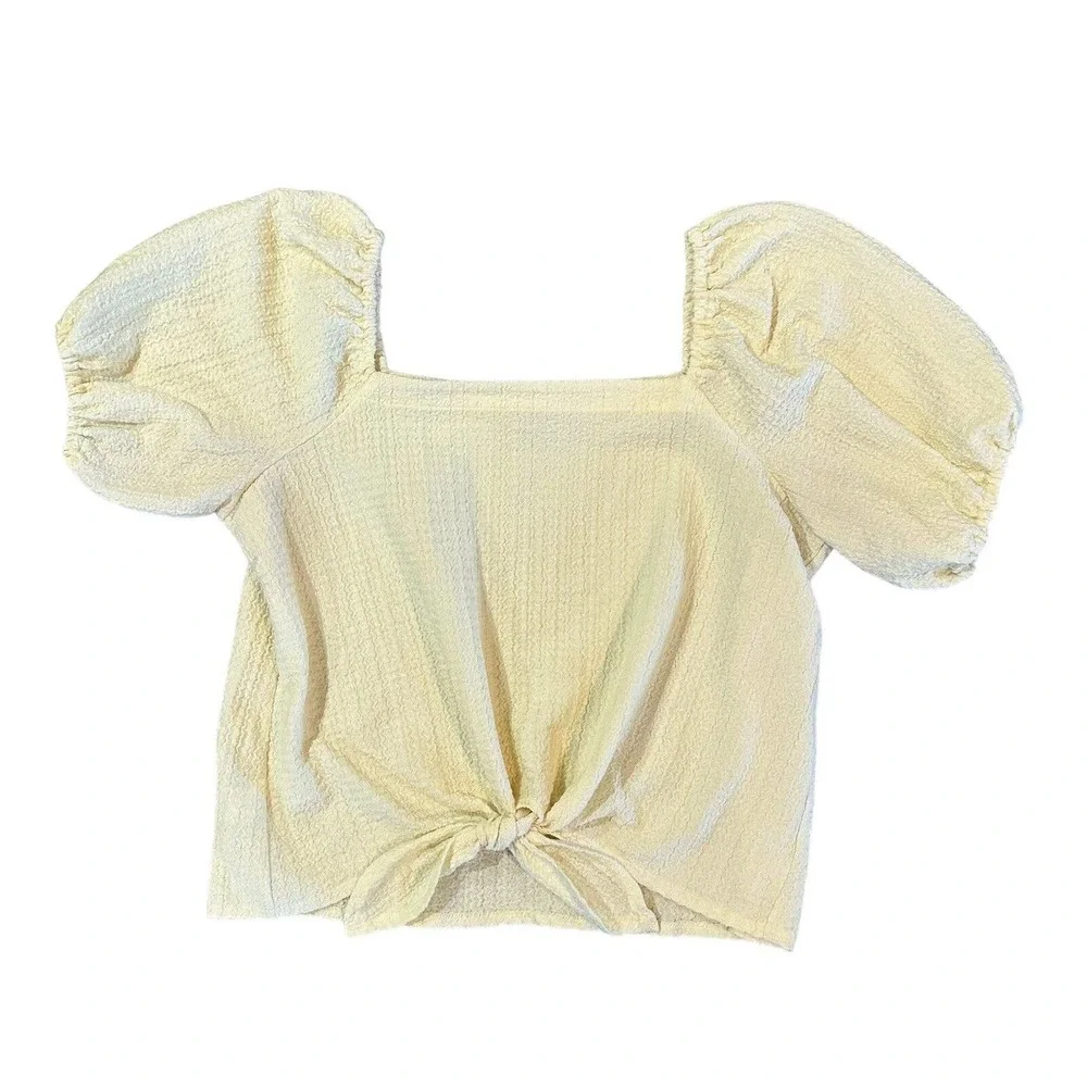 LOFT Women’s Square Neck Tie Front Soft Yellow Blouse Puff Sleeve Top Size M